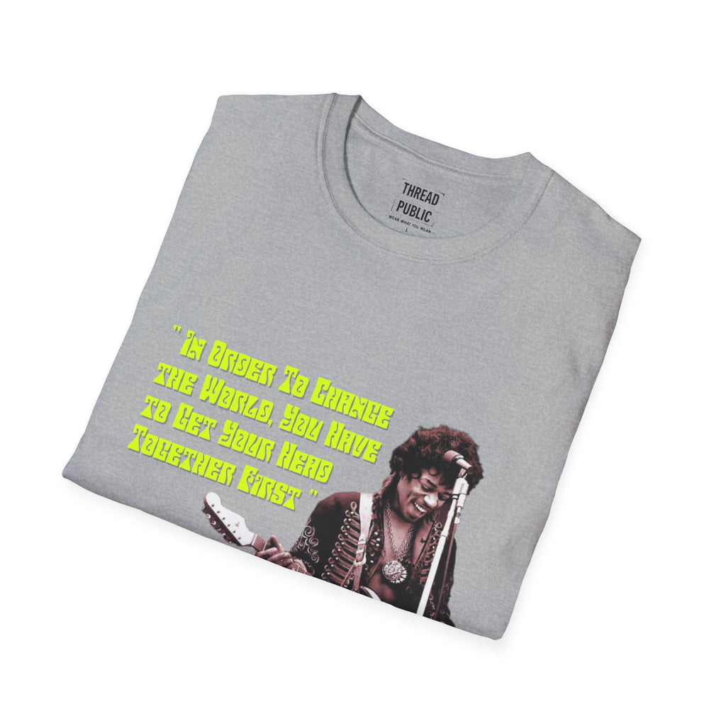 Jimi Quote T-Shirt | Retro Guitar Portrait, Yellow Text