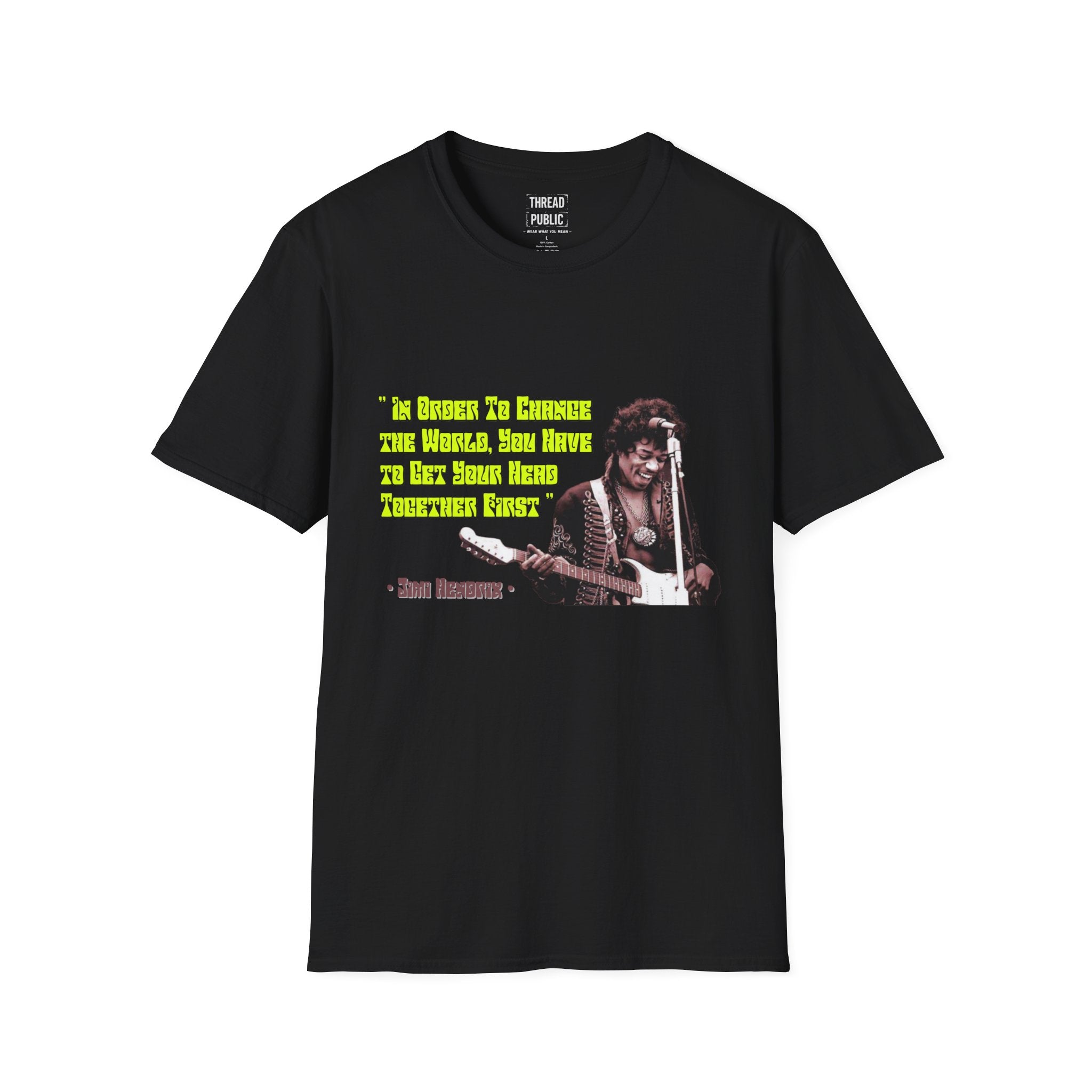 Jimi Quote T-Shirt | Retro Guitar Portrait, Yellow Text