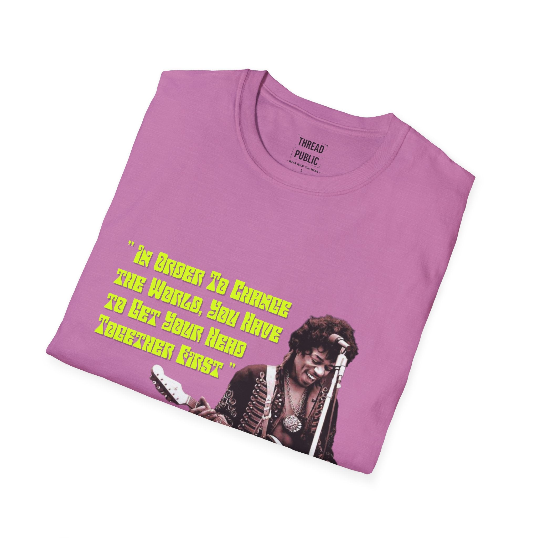 Jimi Quote T-Shirt | Retro Guitar Portrait, Yellow Text