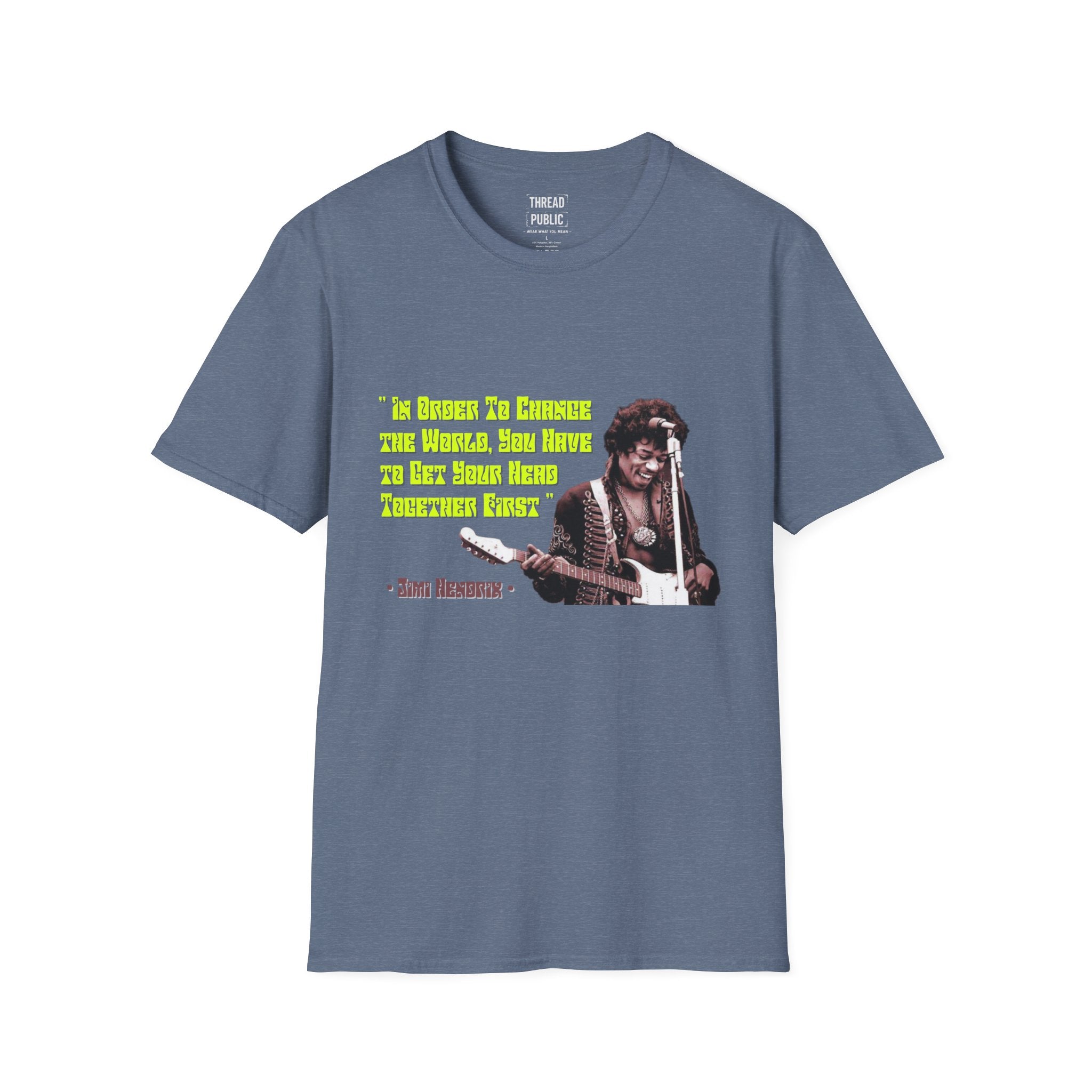 Jimi Quote T-Shirt | Retro Guitar Portrait, Yellow Text