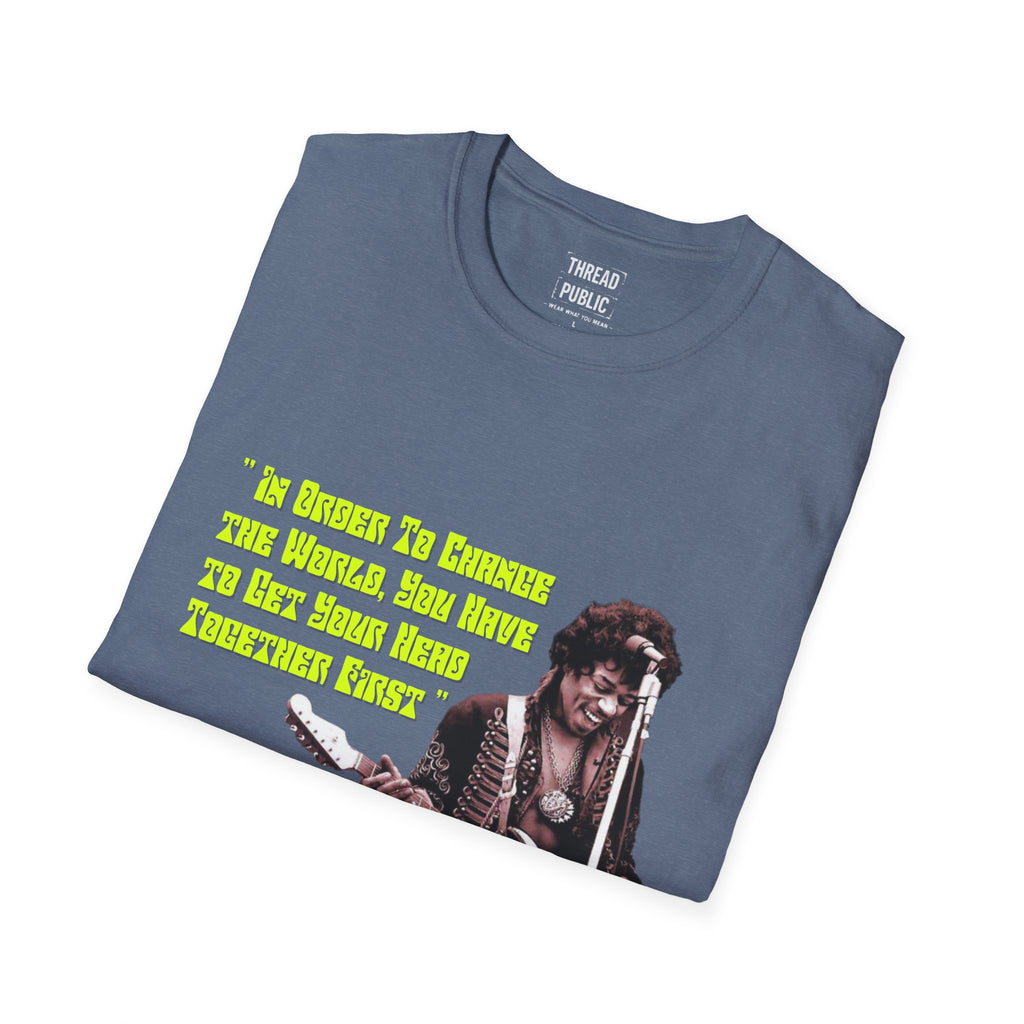 Jimi Quote T-Shirt | Retro Guitar Portrait, Yellow Text