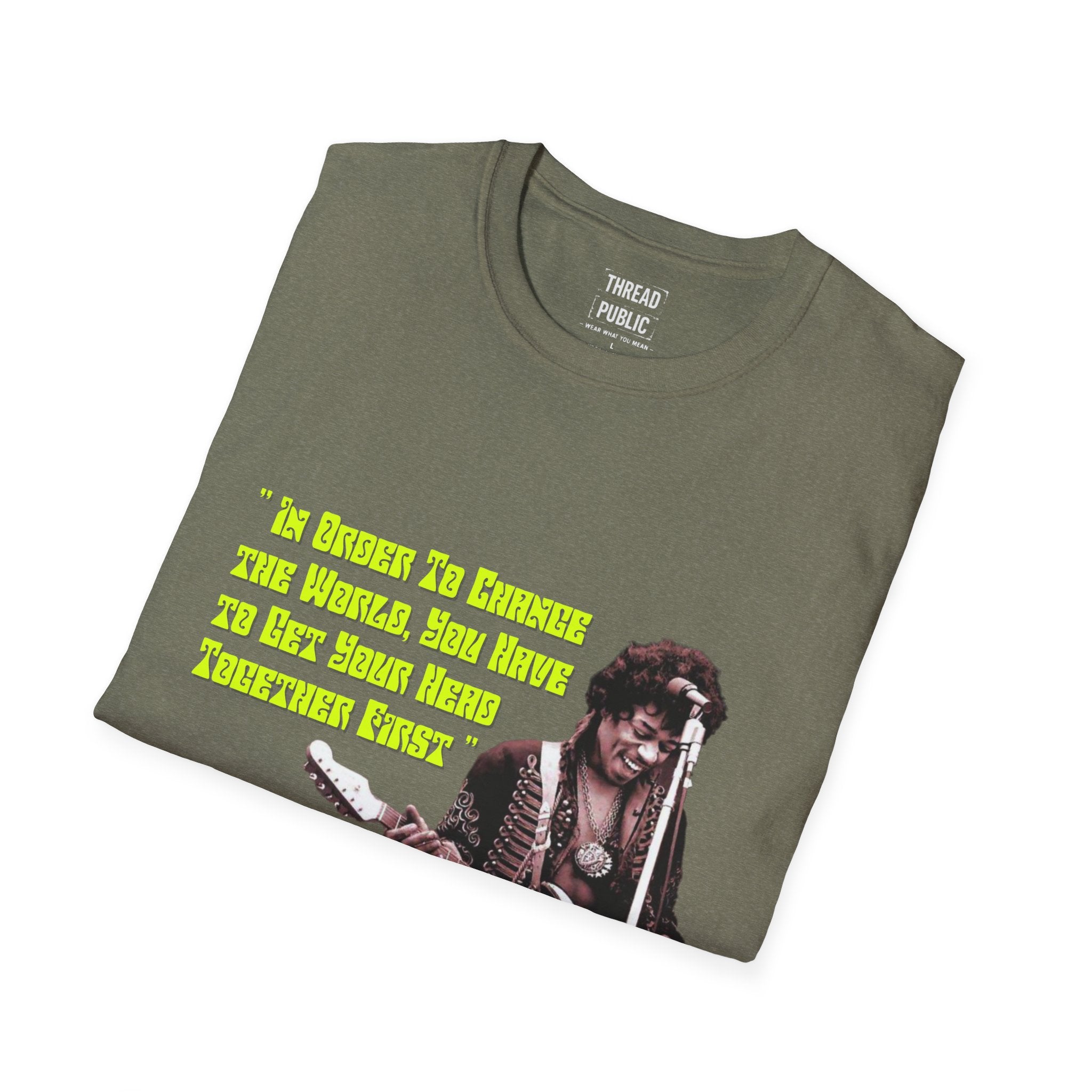 Jimi Quote T-Shirt | Retro Guitar Portrait, Yellow Text