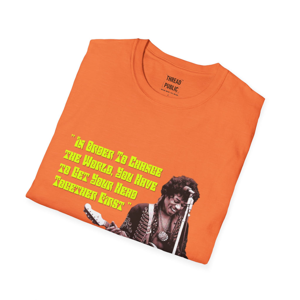 Jimi Quote T-Shirt | Retro Guitar Portrait, Yellow Text
