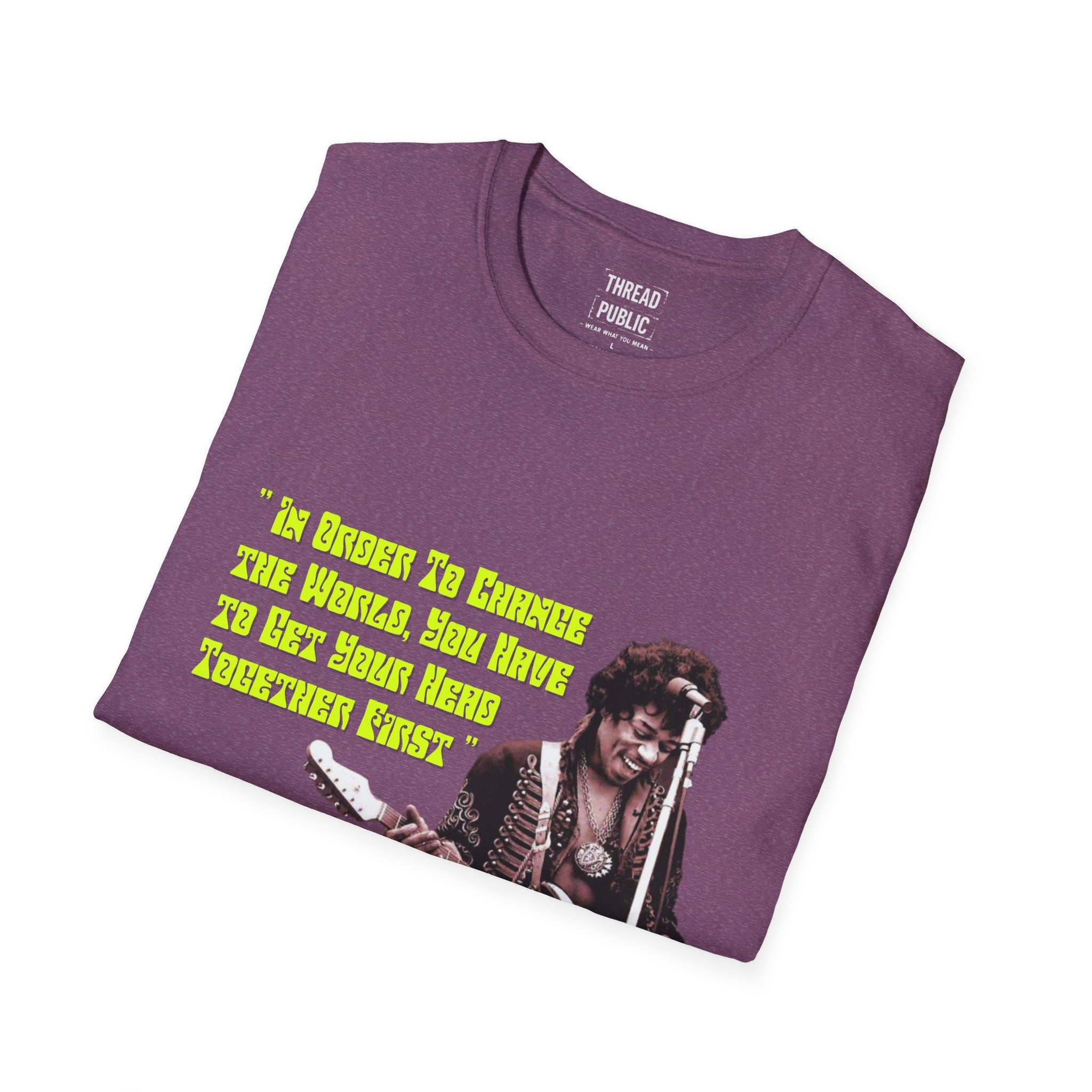 Jimi Quote T-Shirt | Retro Guitar Portrait, Yellow Text