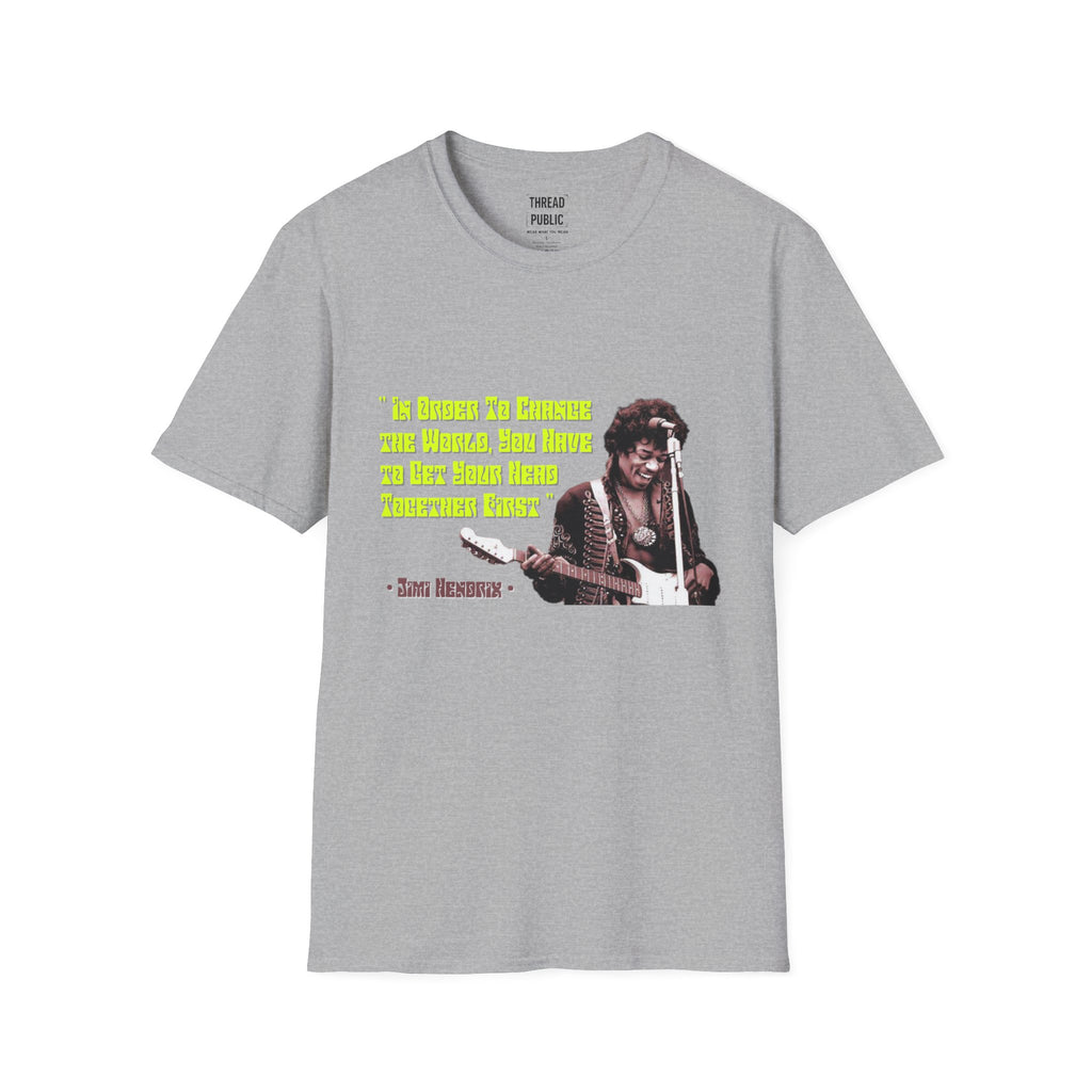 Jimi Quote T-Shirt | Retro Guitar Portrait, Yellow Text