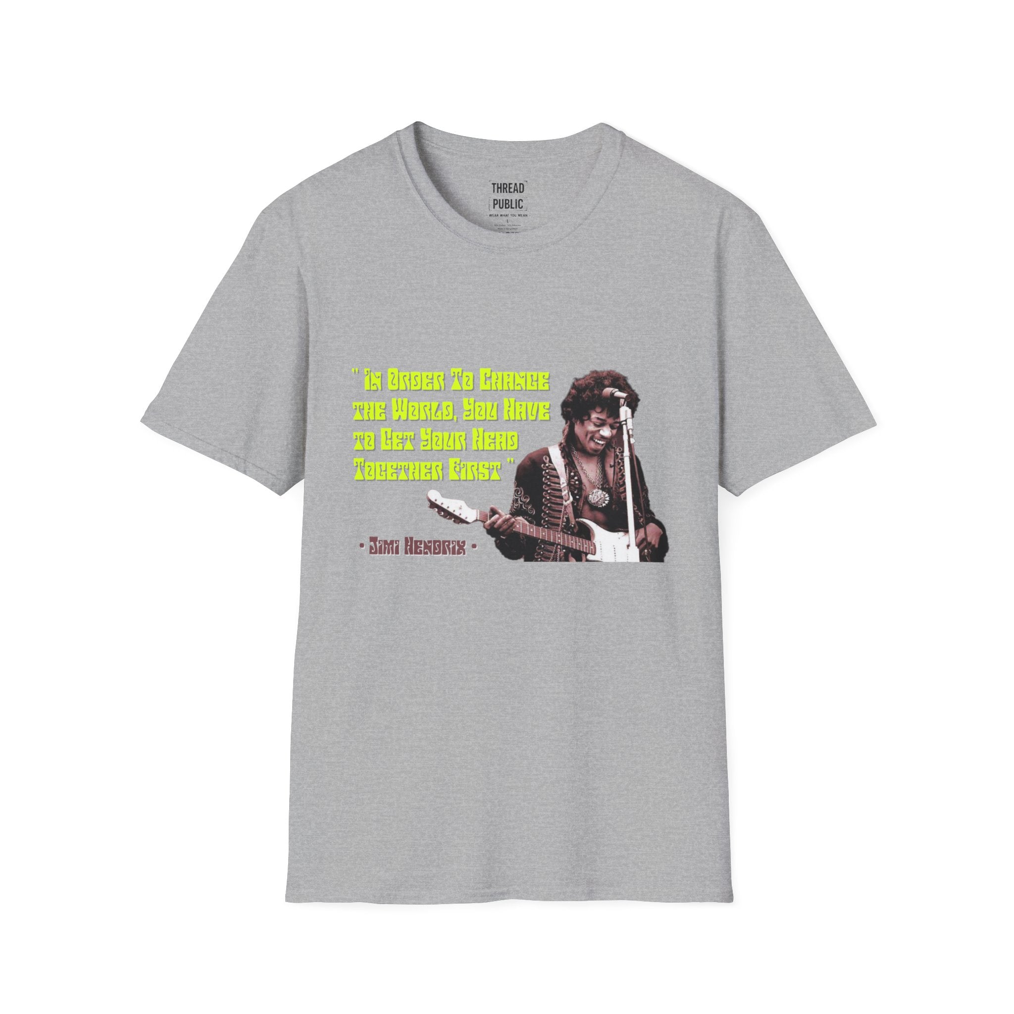 Jimi Quote T-Shirt | Retro Guitar Portrait, Yellow Text