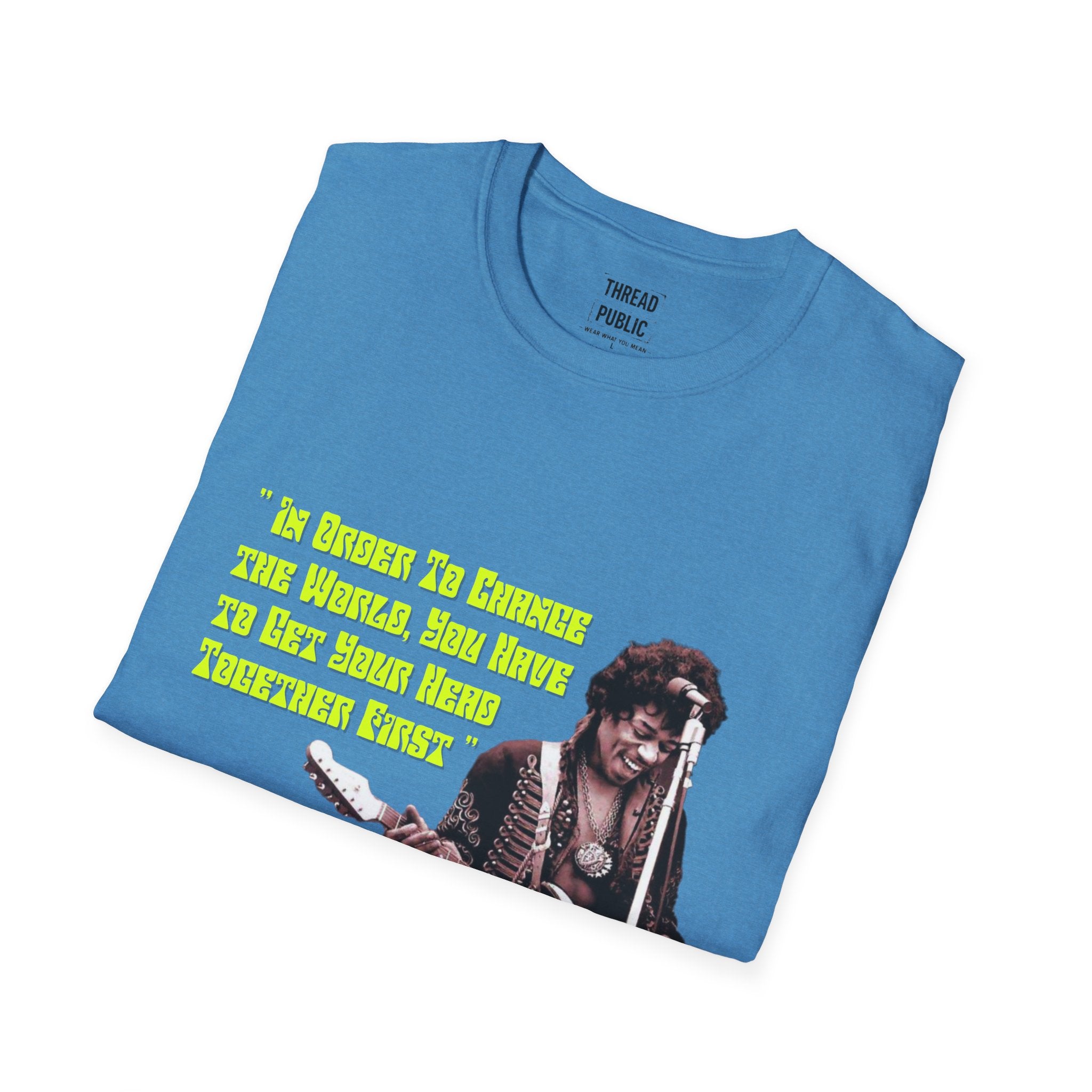 Jimi Quote T-Shirt | Retro Guitar Portrait, Yellow Text