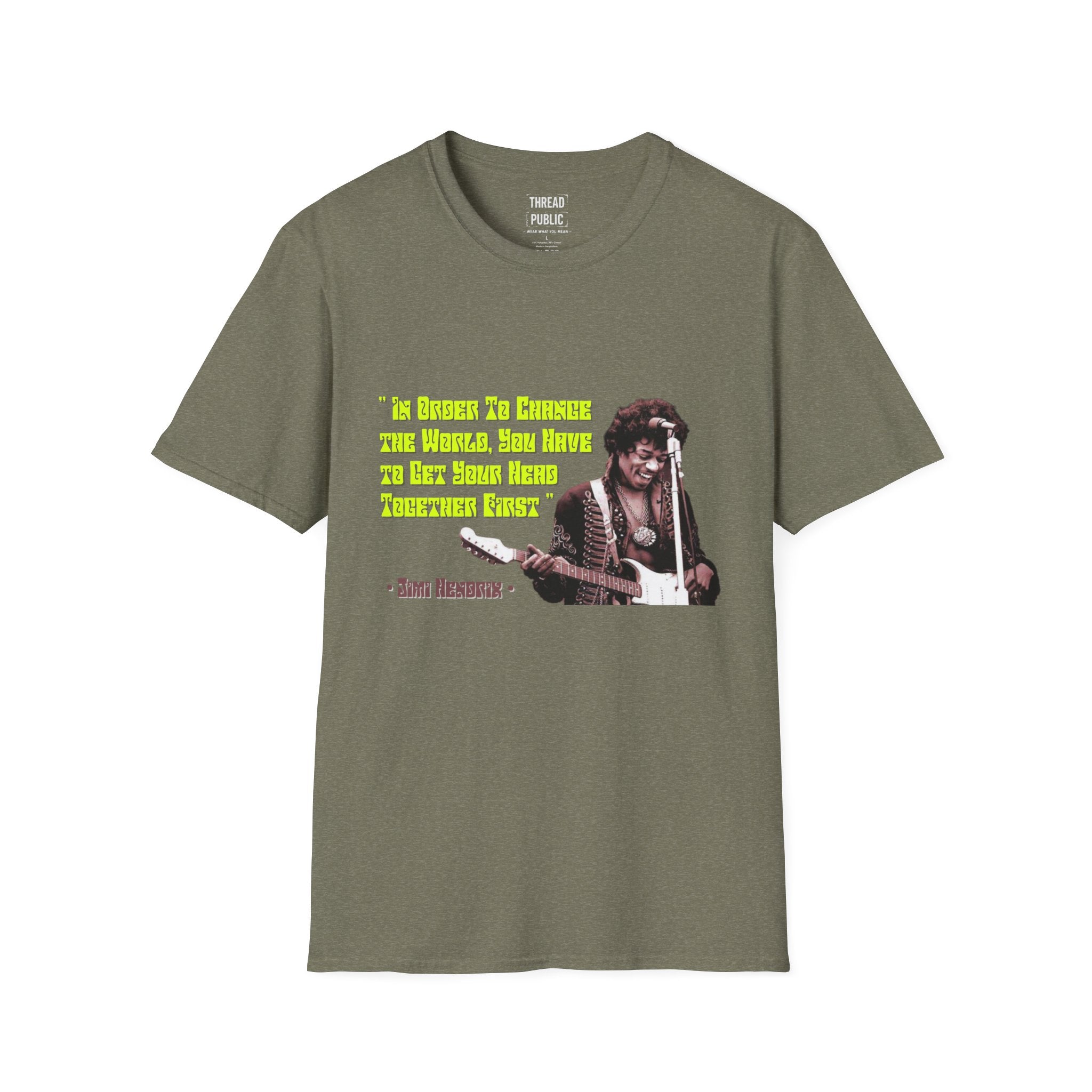 Jimi Quote T-Shirt | Retro Guitar Portrait, Yellow Text