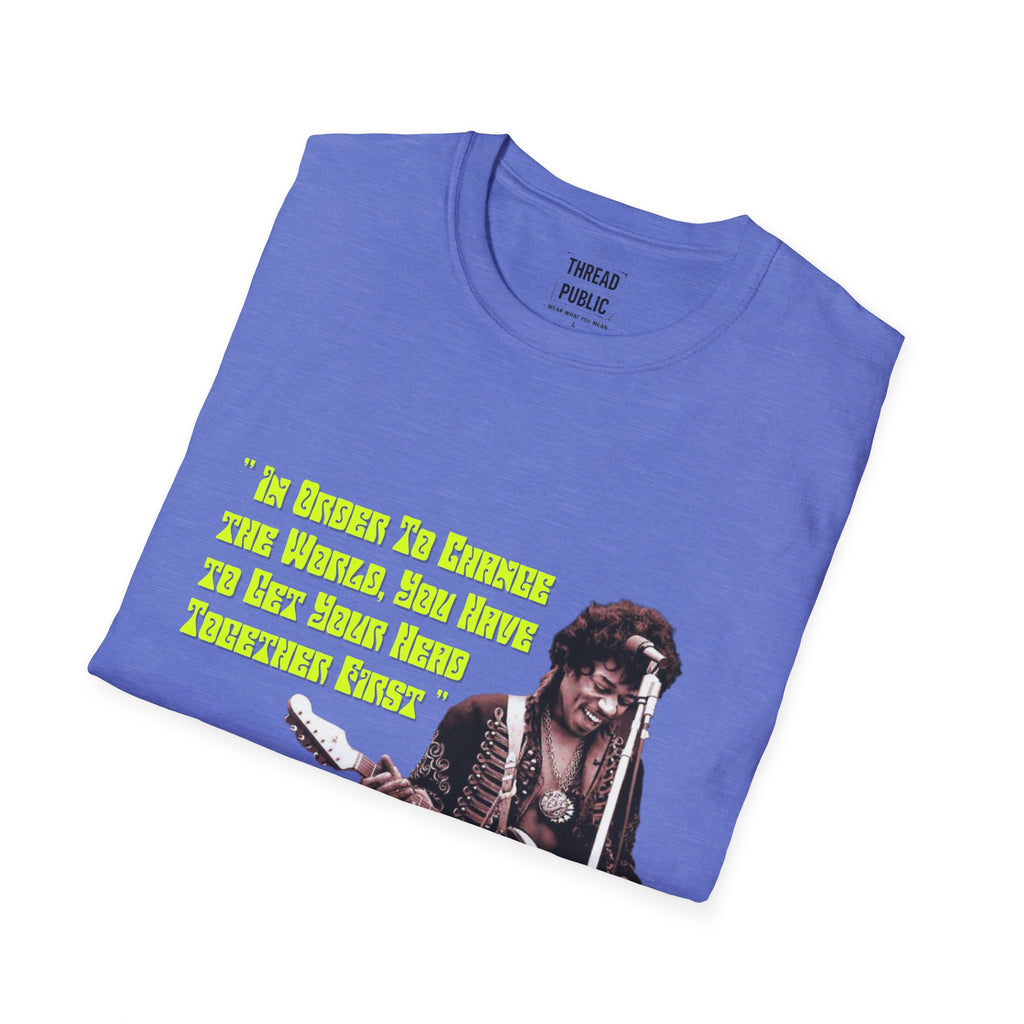 Jimi Quote T-Shirt | Retro Guitar Portrait, Yellow Text