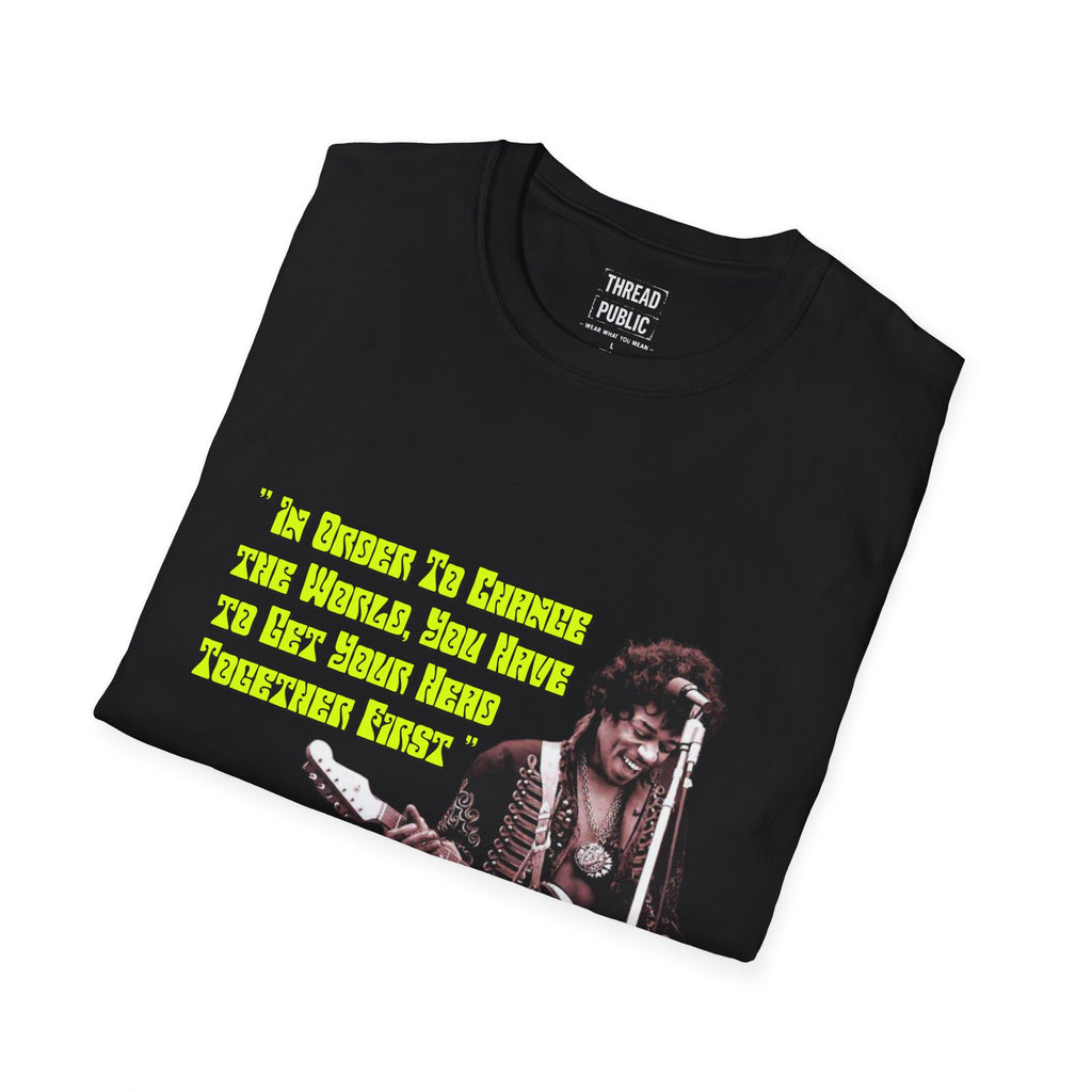 Jimi Quote T-Shirt | Retro Guitar Portrait, Yellow Text
