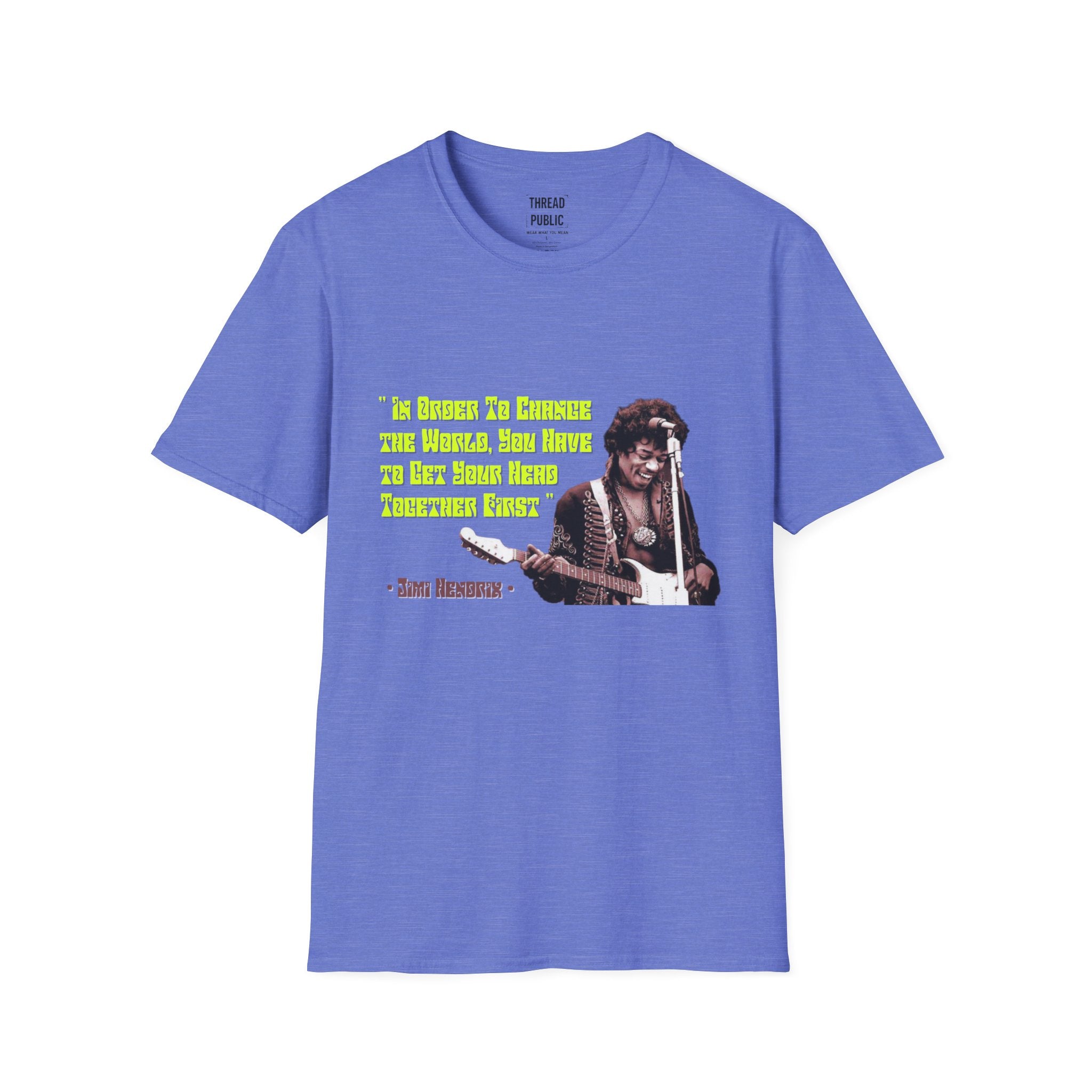 Jimi Quote T-Shirt | Retro Guitar Portrait, Yellow Text