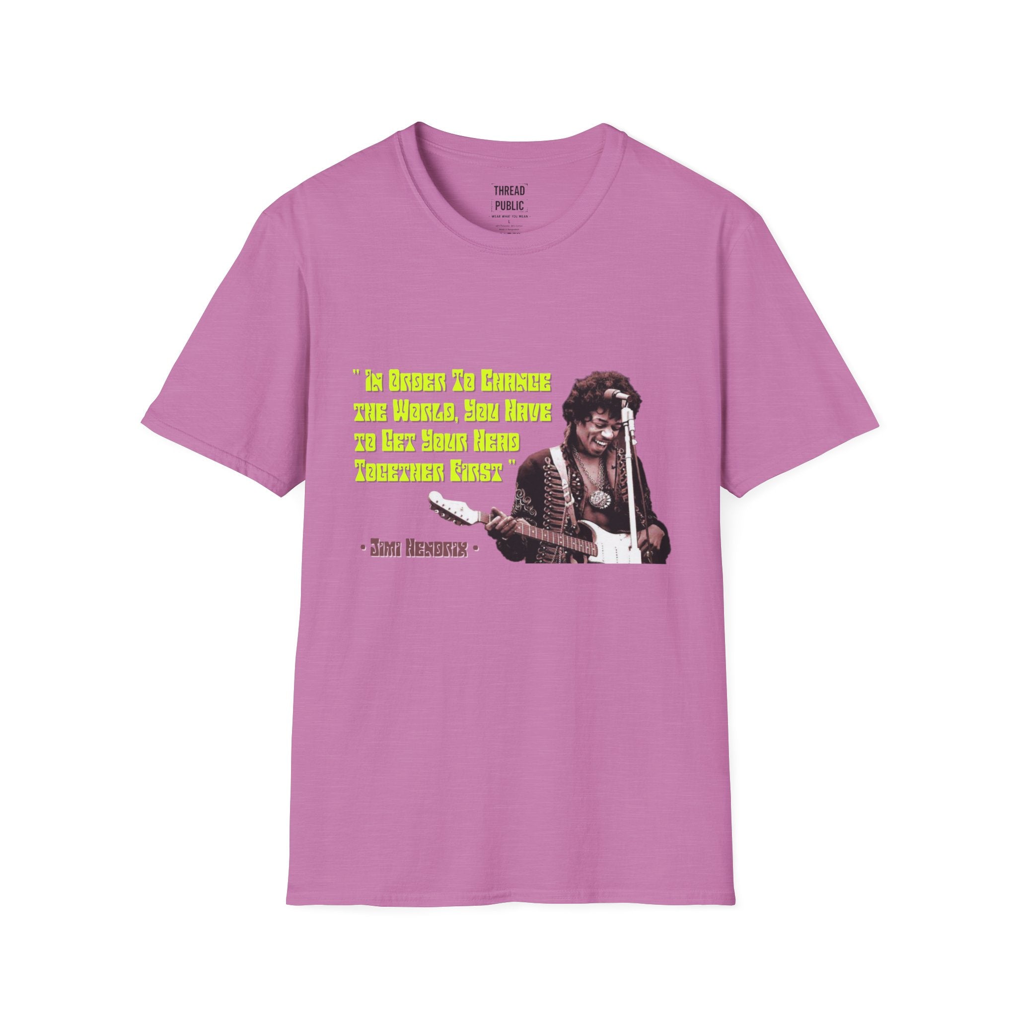 Jimi Quote T-Shirt | Retro Guitar Portrait, Yellow Text