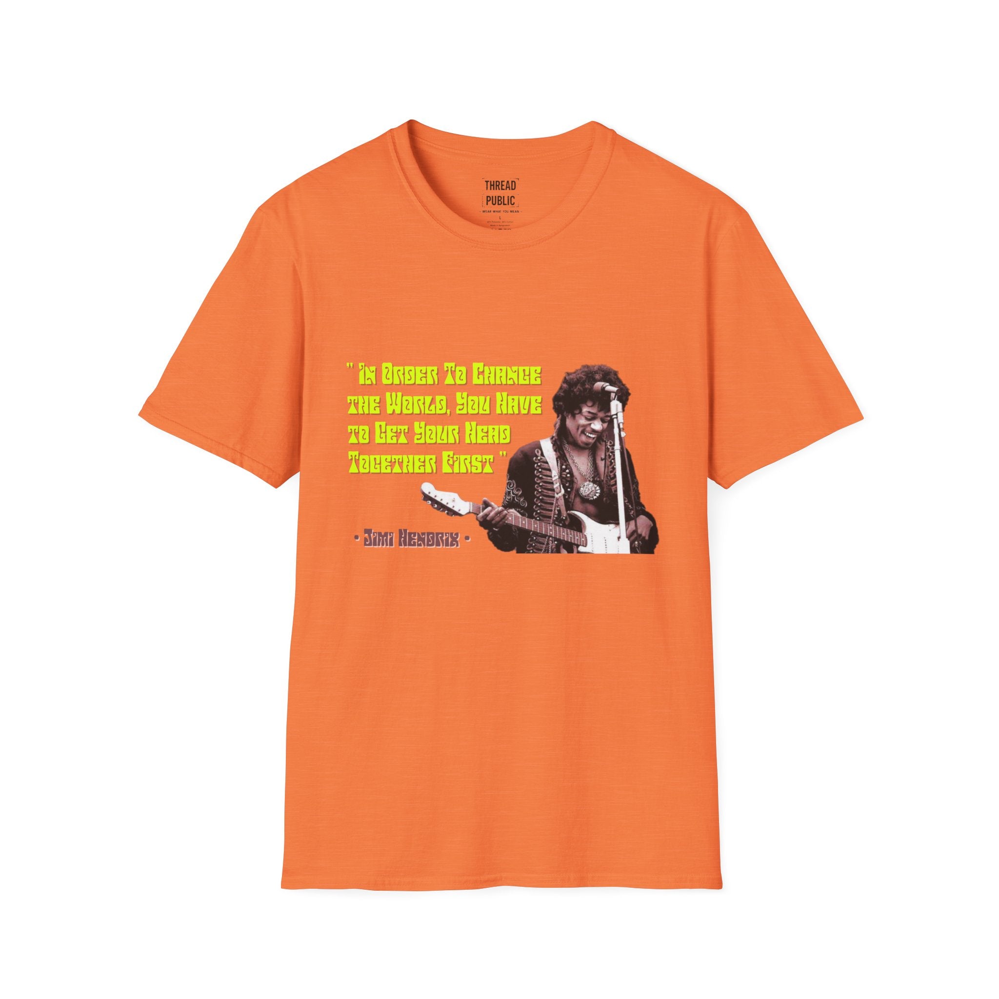 Jimi Quote T-Shirt | Retro Guitar Portrait, Yellow Text